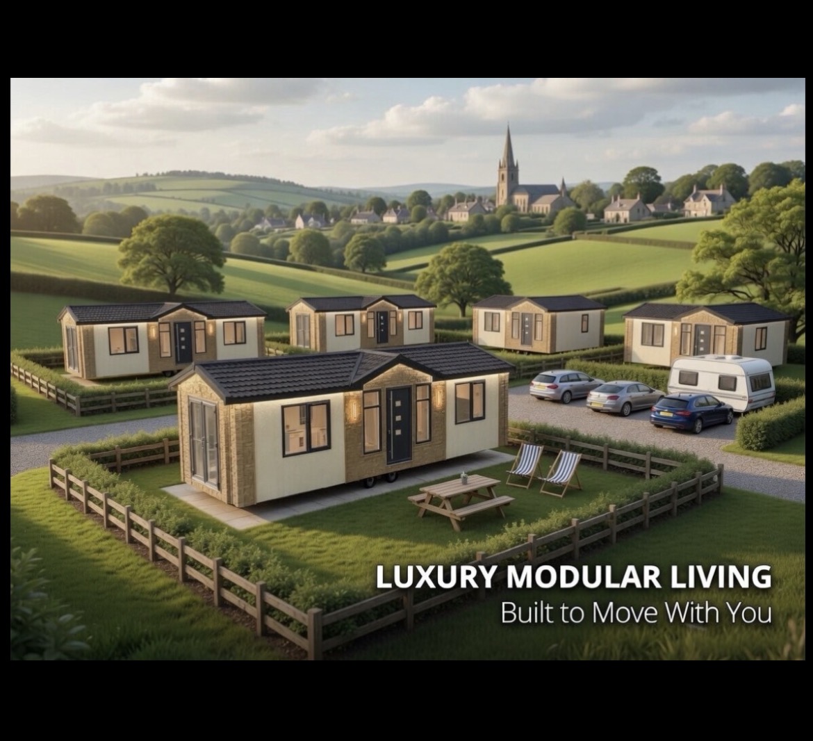 Luxury mobile home in the English countryside at golden hour