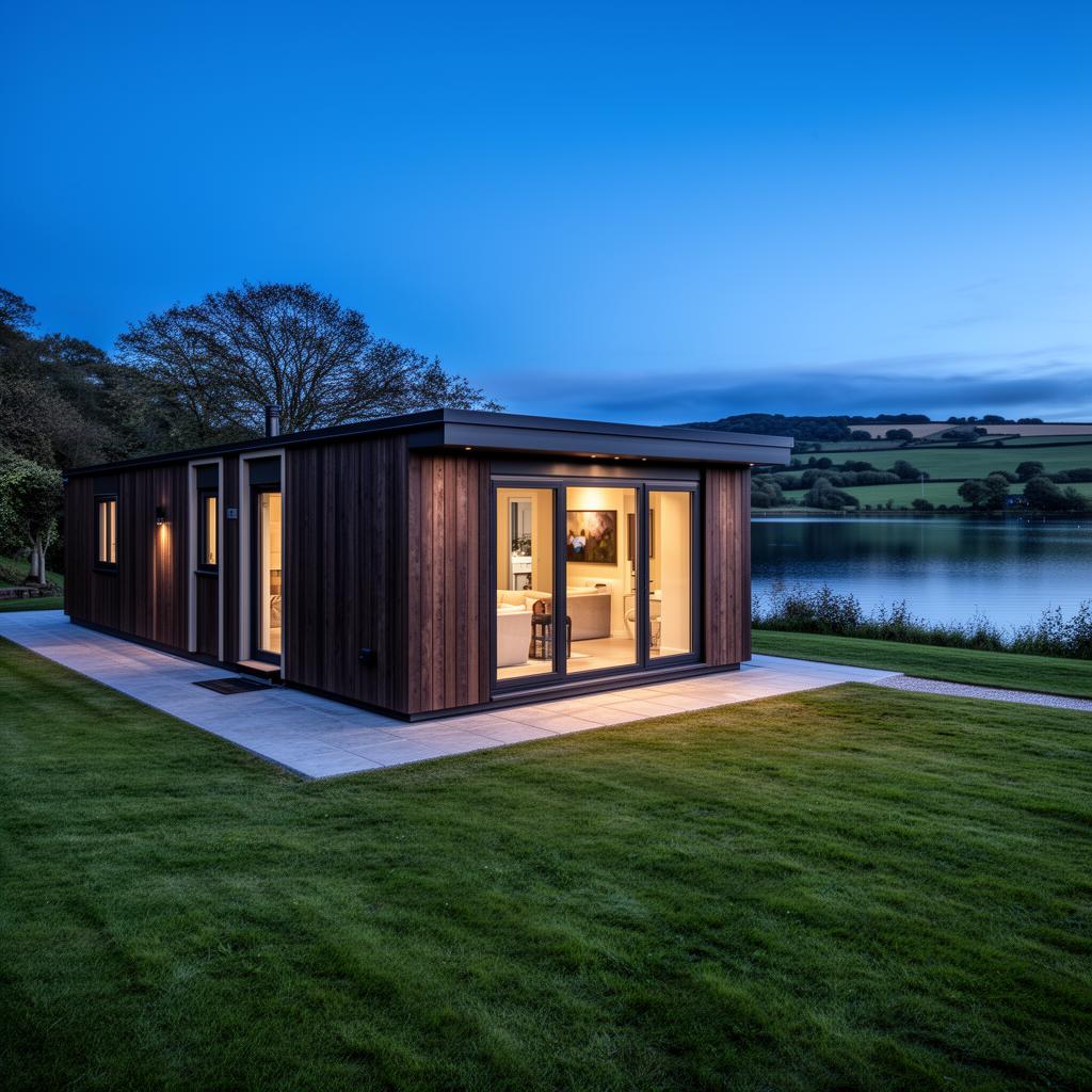 Luxury lakeside mobile home at twilight